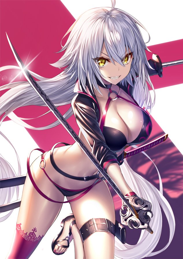 1girl ahoge bangs bikini black_bikini black_gloves black_jacket breasts choker cleavage clenched_teeth commentary_request dual_wielding eyebrows_visible_through_hair fate/grand_order fate_(series) gloves hair_between_eyes heirou holding holding_sword holding_weapon jacket jeanne_d'arc_(alter_swimsuit_berserker) jeanne_d'arc_(fate)_(all) large_breasts leaning_forward long_hair looking_at_viewer o-ring red_legwear silver_hair single_thighhigh smile solo standing swimsuit sword teeth thigh-highs thigh_strap weapon yellow_eyes