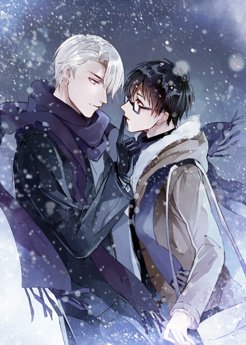 2boys black_coat black_gloves black_hair blue-framed_eyewear blue_eyes blue_scarf blush brown_coat brown_eyes coat eye_contact finger_to_another's_mouth glasses gloves grey_sky hand_up jacket katsuki_yuuri looking_at_another male_focus multiple_boys outdoors scarf silver_hair snowing standing viktor_nikiforov winter_clothes yaoi yinzinmiemie yuri!!!_on_ice