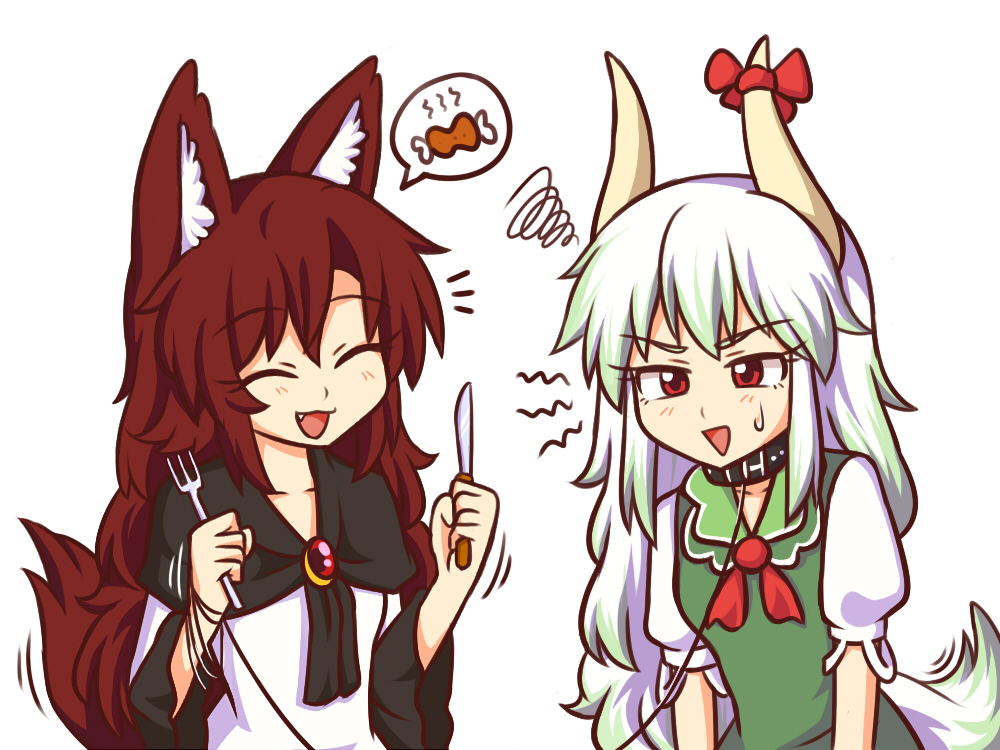 2girls :d ^_^ animal_ear_fluff animal_ears bangs black_collar boned_meat bow brooch brown_hair closed_eyes closed_eyes collar collarbone commentary dress english_commentary ex-keine eyebrows_visible_through_hair food fork green_dress green_hair hair_between_eyes holding holding_fork holding_knife horn_bow horns imaizumi_kagerou jewelry kamishirasawa_keine knife leash long_hair long_sleeves meat multicolored_hair multiple_girls open_mouth pinafore_dress puffy_short_sleeves puffy_sleeves red_bow red_eyes red_neckwear shirt short_sleeves simple_background smile spoken_food squiggle streaked_hair sweat tail touhou upper_body v-shaped_eyebrows very_long_hair white_background white_dress white_hair white_shirt wide_sleeves wolf_ears wolf_tail wool_(miwol)