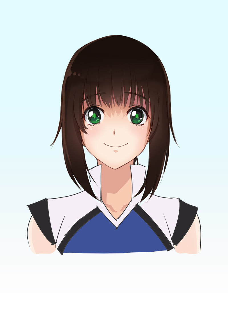 1girl bangs black_hair blue_background gradient gradient_background green_eyes hanebado! hanesaki_ayano looking_at_viewer naxu portrait short_hair_with_long_locks sidelocks sleeveless solo upper_body