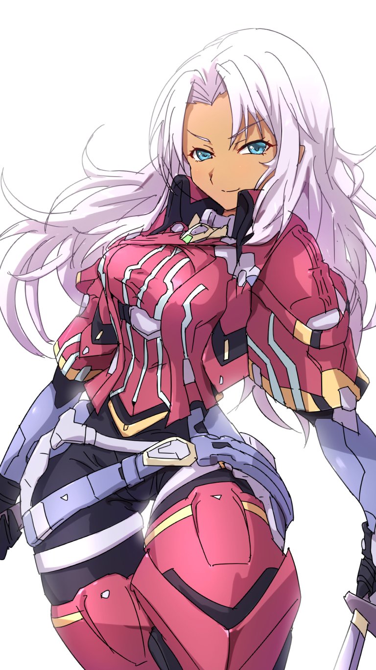 1girl armor blue_eyes bodysuit boots breasts dark_skin elma_(xenoblade_x) gloves hair_ornament highres long_hair looking_at_viewer medium_breasts nke_toumi simple_background smile solo thigh-highs thigh_boots weapon white_hair xenoblade_(series) xenoblade_2 xenoblade_chronicles_x