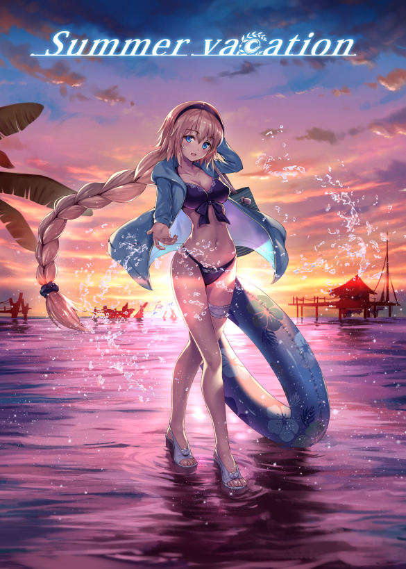 1girl bikini black_bikini black_hairband blonde_hair blue_jacket breasts cleavage clouds collarbone fate/grand_order fate_(series) floating_hair front-tie_bikini front-tie_top full_body hairband hand_on_head innertube jacket jeanne_d'arc_(fate)_(all) jeanne_d'arc_(swimsuit_archer) long_hair medium_breasts open_clothes open_jacket ouka_(ra-raradan) outdoors ponytail solo standing swimsuit very_long_hair