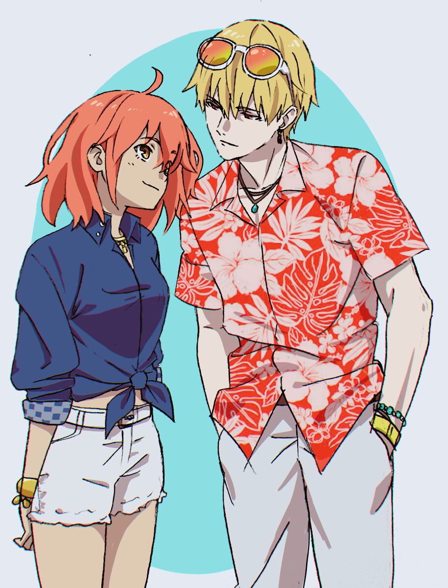 1boy 1girl ahoge arms_behind_back blonde_hair blue_background blue_shirt bracelet closed_mouth collared_shirt commentary_request earrings eye_contact fate/grand_order fate_(series) floral_print fujimaru_ritsuka_(female) gilgamesh hands_in_pockets hawaiian_shirt highres jewelry looking_at_another mi_(pic52pic) necklace orange-tinted_glasses orange_eyes orange_hair pants red_eyes red_shirt shirt short_hair short_shorts shorts smile standing tied_shirt white_pants white_shorts wristband