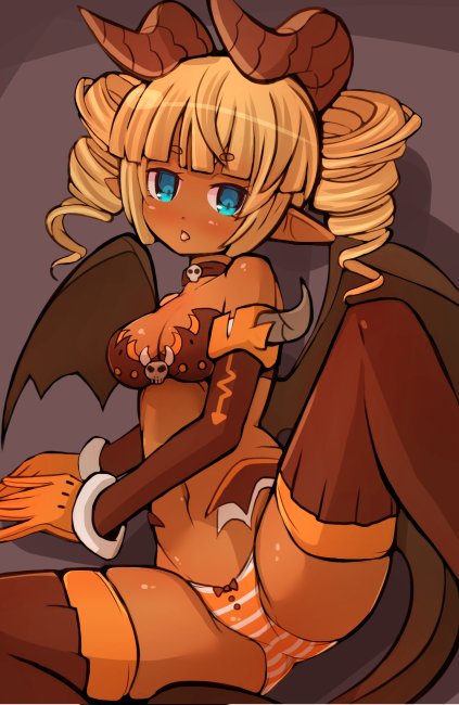 1girl aqua_eyes arm_support bandeau bangs bare_shoulders blunt_bangs blush bow bow_panties breasts brown_bow brown_choker brown_horns brown_legwear brown_tail brown_wings choker cleavage commentary_request curly_hair dark_skin demon_girl demon_horns demon_tail demon_wings dot_nose drill_hair eyebrows_visible_through_hair feet_out_of_frame garoudo_(kadouhan'i) gloves horns jitome leg_lift looking_at_viewer lying medium_breasts medium_hair midriff navel on_side open_mouth orange_gloves orange_hair orange_panties original panties petite pointy_ears short_eyebrows skull solo stomach succubus tail thick_eyebrows thigh-highs tongue tongue_out twin_drills underwear wings