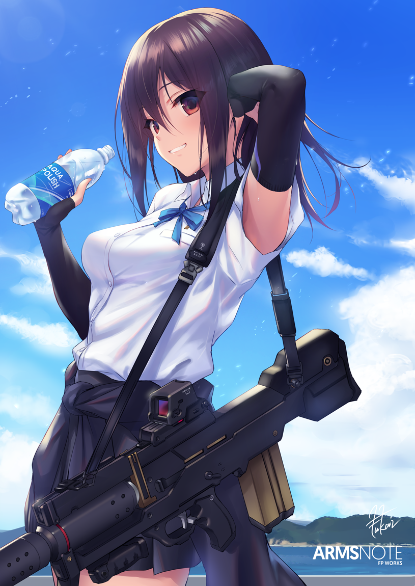 1girl arm_up arms_note bangs bionic_joshikousei_(fukai_ryousuke) black_gloves blush bottle breasts brown_eyes brown_hair clouds commentary_request copyright_name dress_shirt fingerless_gloves fukai_ryousuke gloves grin gun hair_between_eyes hand_on_own_head holding holding_bottle looking_at_viewer medium_breasts ocean outdoors shirt short_sleeves sidelocks signature skirt sky smile solo standing water_bottle weapon white_shirt