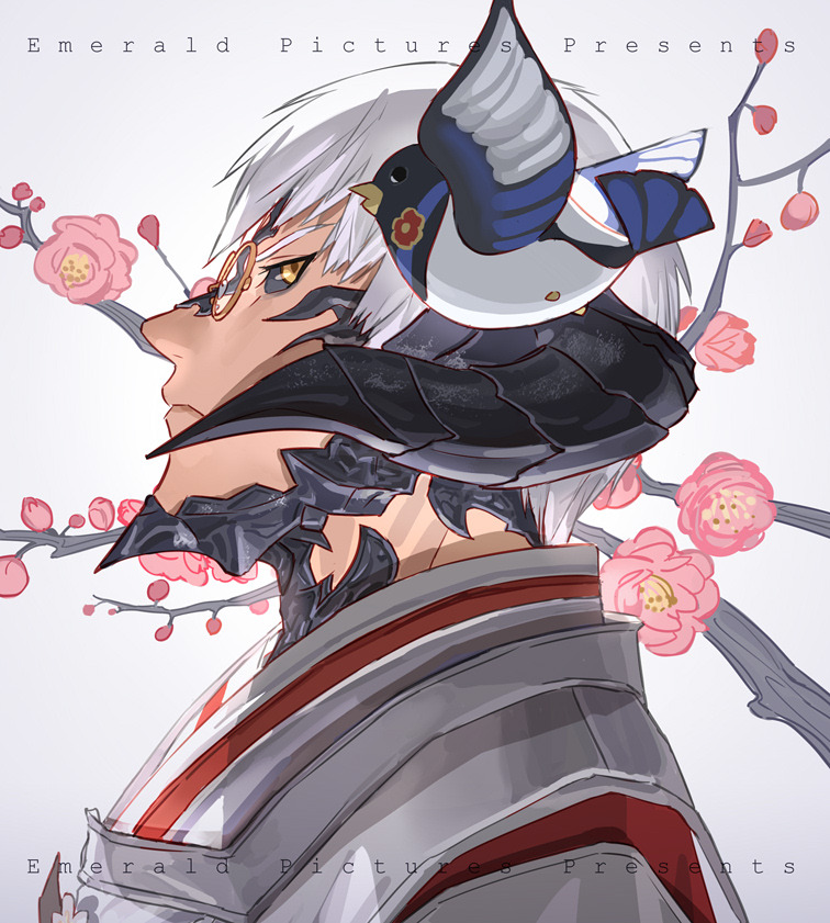 1boy armor au_ra bird black_sclera cherry_blossoms final_fantasy final_fantasy_xiv flower from_side glasses holy_pumpkin horns looking_at_viewer looking_to_the_side male_focus pince-nez pink_flower portrait profile round_eyewear scales solo white_hair yellow_eyes