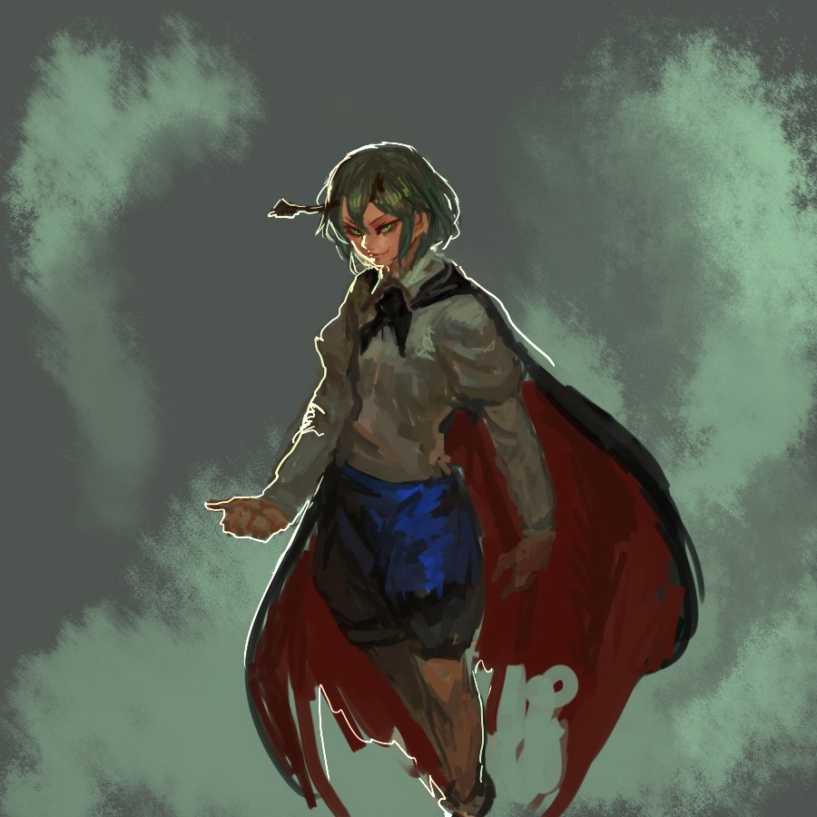 1girl antennae black_cape blue_shorts cape closed_mouth commentary_request green_background green_eyes green_hair inishie_kumo juliet_sleeves long_sleeves looking_at_viewer multicolored multicolored_cape multicolored_clothes puffy_sleeves red_cape shirt shorts smile solo standing touhou white_shirt wing_collar wriggle_nightbug