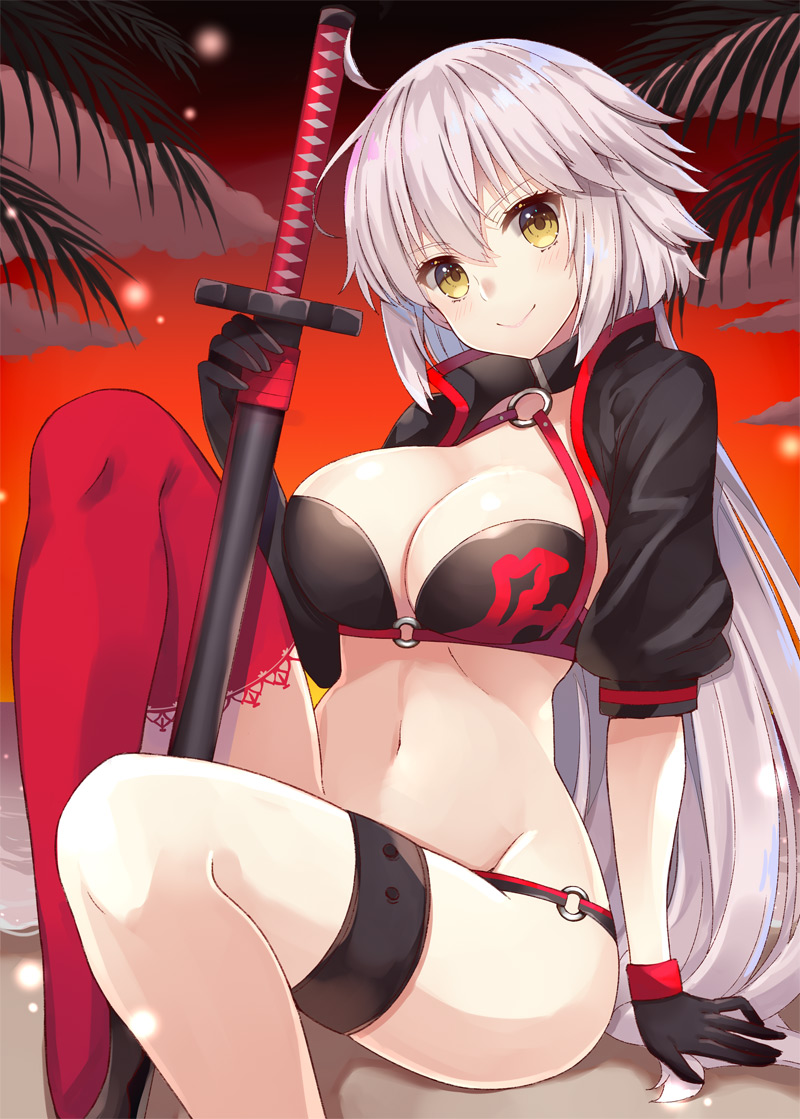 1girl ahoge asymmetrical_legwear bangs bikini black_bikini black_gloves black_jacket black_sky blush breasts brown_eyes choker cleavage closed_mouth clouds collarbone cropped_jacket eyebrows_visible_through_hair fate/grand_order fate_(series) gloves gradient_sky hair_between_eyes head_tilt hips jacket jeanne_d'arc_(alter_swimsuit_berserker) jeanne_d'arc_(fate)_(all) katana large_breasts long_hair looking_at_viewer navel o-ring o-ring_bikini o-ring_bottom o-ring_top palm_tree red_legwear red_sky sheath sheathed short_sleeves silver_hair single_thighhigh sitting sky smile solo swimsuit sword thigh-highs thigh_strap thighs tree very_long_hair waist weapon yellow_eyes yuzu-aki