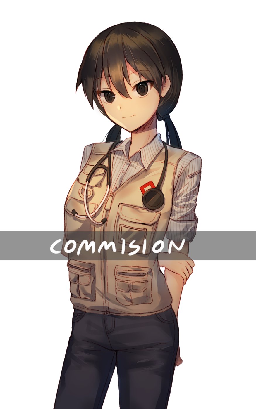 1girl arms_behind_back brown_eyes brown_hair character_request commission copyright_request denim doctor english highres jeans pants shirt solo stethoscope twintails vest white_background xanax025