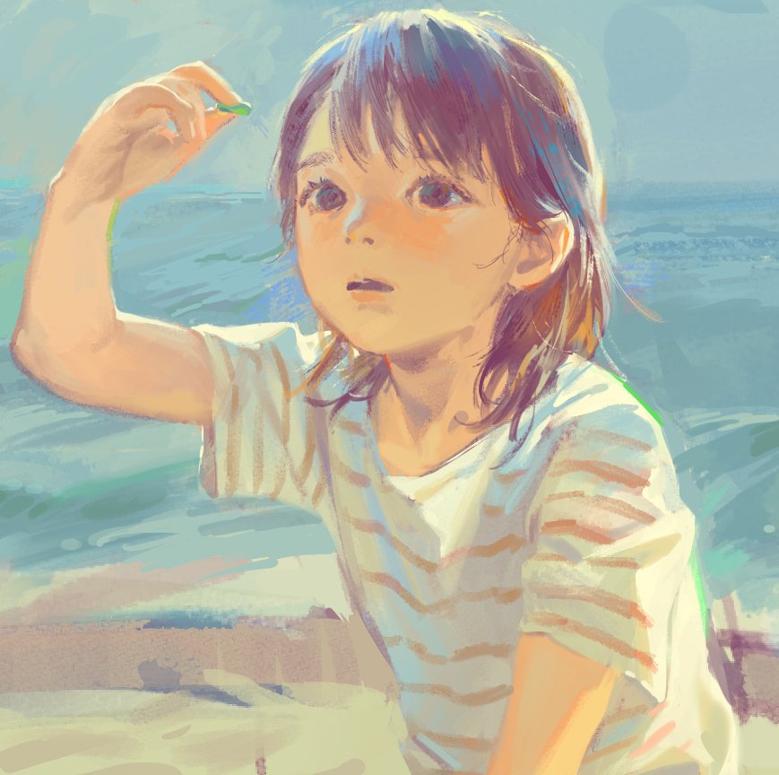 1girl blue_sky brown_eyes brown_hair child grey_shirt hand_up holding ocean original parted_lips sand shirt short_sleeves sky solo striped striped_shirt tunapon01