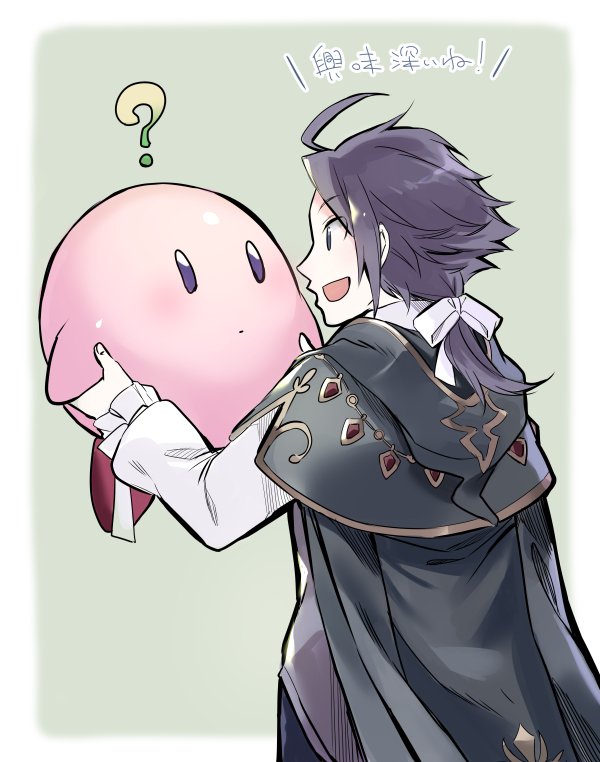 1boy blush brown_hair cape crossover cyrus_(octopath_traveler) gloves hoshi_no_kirby jewelry kirby kirby_(series) long_hair oboro_keisuke octopath_traveler open_mouth ponytail simple_background smile super_smash_bros. super_smash_bros_ultimate translated