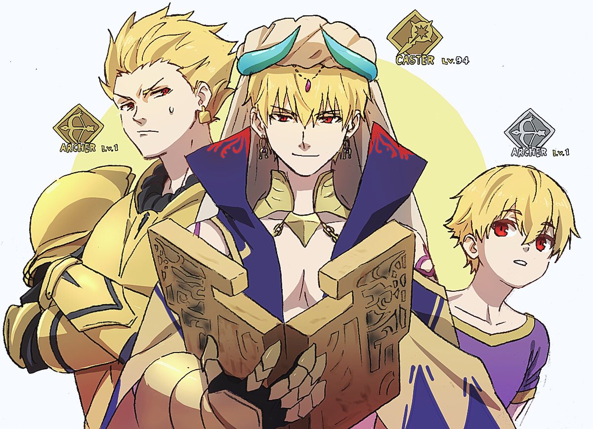 3boys :/ armor blonde_hair book child_gilgamesh circlet closed_mouth commentary_request crossed_arms earrings eyebrows_visible_through_hair fate/grand_order fate_(series) gauntlets gilgamesh gilgamesh_(caster)_(fate) gold_armor hair_between_eyes hair_slicked_back holding holding_book horns jewelry lock lock_earrings looking_at_viewer male_focus mi_(pic52pic) multiple_boys multiple_persona open_book padlock parted_lips pauldrons purple_shirt red_eyes shirt short_sleeves smile turban