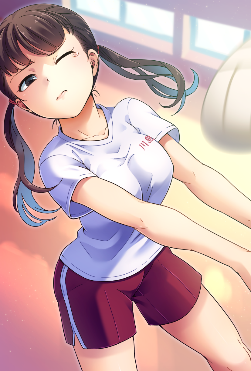 1girl abiko_yuuji bangs black_eyes black_hair blurry blurry_background breasts closed_mouth collarbone eyebrows_visible_through_hair gym_uniform highres light_particles long_hair medium_breasts one_eye_closed original red_shorts shirt short_sleeves shorts single_tear solo twintails volleyball white_shirt