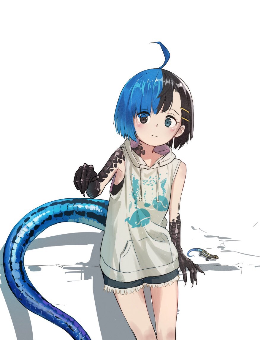 1girl ahoge bare_arms bare_shoulders black_eyes black_hair blue_eyes blue_hair blush claws closed_mouth commentary_request cowboy_shot eyes_visible_through_hair hair_ornament hairclip heterochromia hood hood_down hoodie japanese_skink japanese_skink_(kamemaru) kamemaru lizard lizard_girl lizard_tail looking_at_viewer monster_girl multicolored_hair original short_hair short_shorts shorts sleeveless sleeveless_hoodie smile solo standing tail two-tone_hair