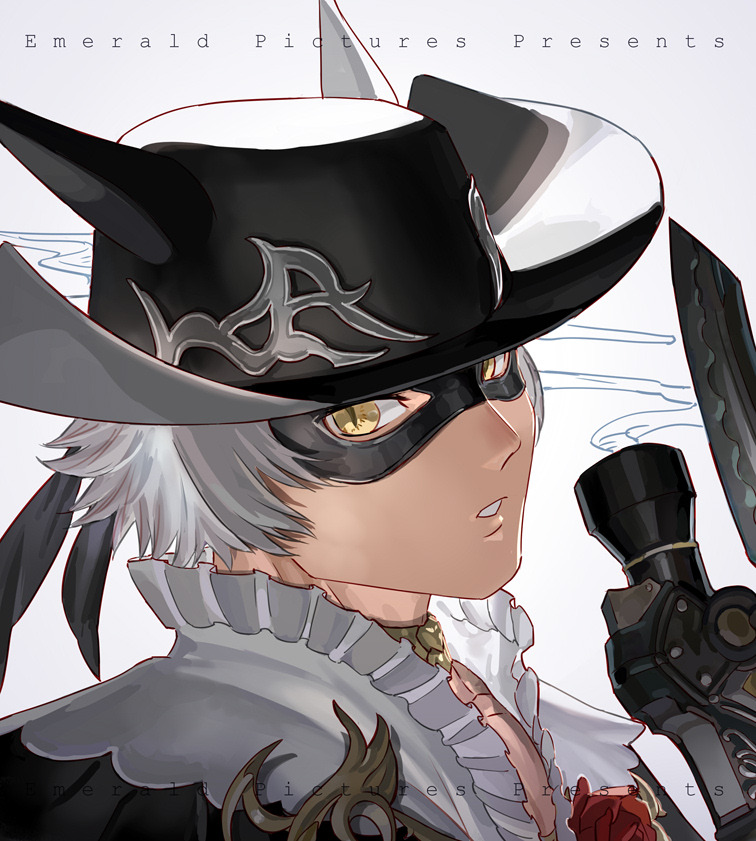 1boy animal_ears black_hat cat_ears ears_through_headwear final_fantasy final_fantasy_xiv from_side grey_background grey_hair hat holding holy_pumpkin looking_at_viewer looking_to_the_side male_focus mask miqo'te parted_lips portrait solo