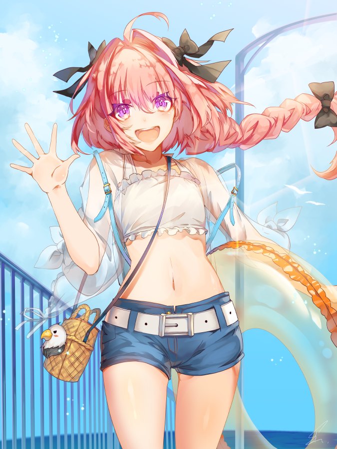 1boy :d ahoge alternate_costume astolfo_(fate) backpack bag black_bow black_ribbon blue_sky bow braid buckle casual clouds collarbone commentary_request denim denim_shorts eyebrows_visible_through_hair fate/apocrypha fate/grand_order fate_(series) floatation_devices frills hair_intakes hair_ribbon hand_up handbag happy innertube long_braid male_focus midriff navel open_mouth otoko_no_ko outdoors pink_hair railing ribbon saihate_(d3) see-through short_shorts shorts single_braid sky smile standing violet_eyes waving white_belt white_crop_top