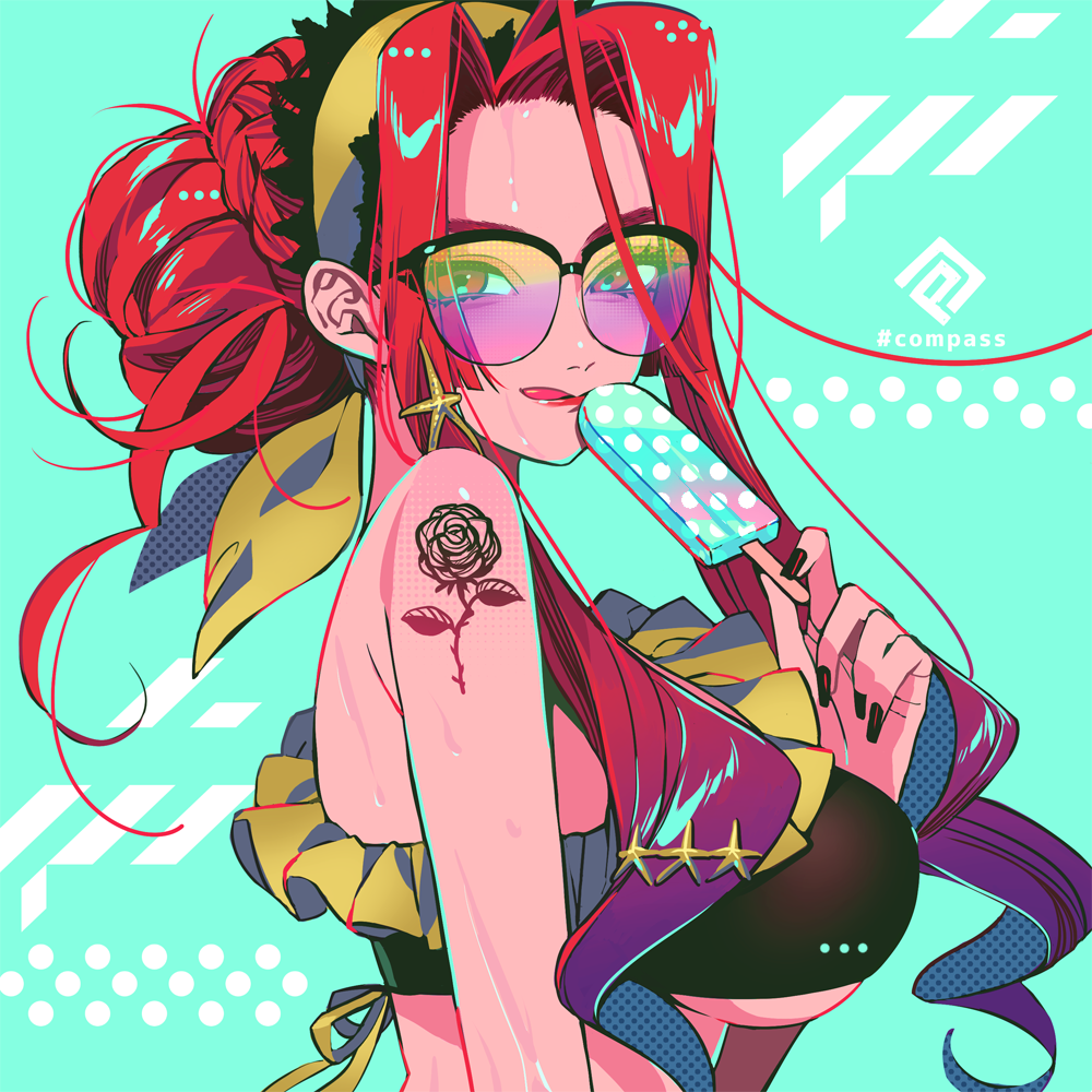 #compass 1girl :q akiakane bare_shoulders bikini black_bikini black_nails blue_background braid commentary_request fingernails food from_side hair_bun holding looking_at_viewer looking_to_the_side nail_polish popsicle redhead shoulder_tattoo smile solo sunglasses swimsuit tattoo tongue tongue_out upper_body wet