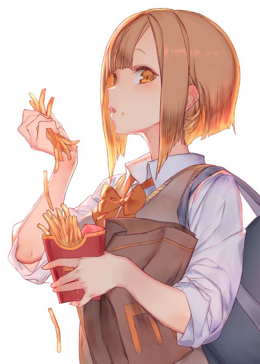 1girl bag bow bowtie brown_eyes brown_hair brown_vest collared_shirt eating food food_on_face french_fries from_side highres holding izumi_sai looking_at_viewer orange_neckwear original parted_lips school_bag shirt short_sleeves shoulder_bag simple_background solo upper_body vest white_background white_shirt wing_collar