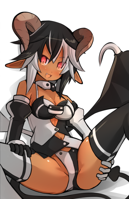 1girl :d bangs bare_shoulders black_hair black_tail blush breasts brown_horns crossed_bangs dark_skin demon_girl demon_horns demon_tail demon_wings elbow_gloves eyebrows_visible_through_hair fang garoudo_(kadouhan'i) gloves groin hair_between_eyes hands_on_own_thighs horns leotard looking_at_viewer low_wings medium_breasts multicolored_hair navel open_mouth original pointy_ears short_hair simple_background sitting smile solo spaghetti_strap spread_legs succubus tail thigh-highs thighs tsurime two-tone_hair v-shaped_eyebrows white_background white_hair wings