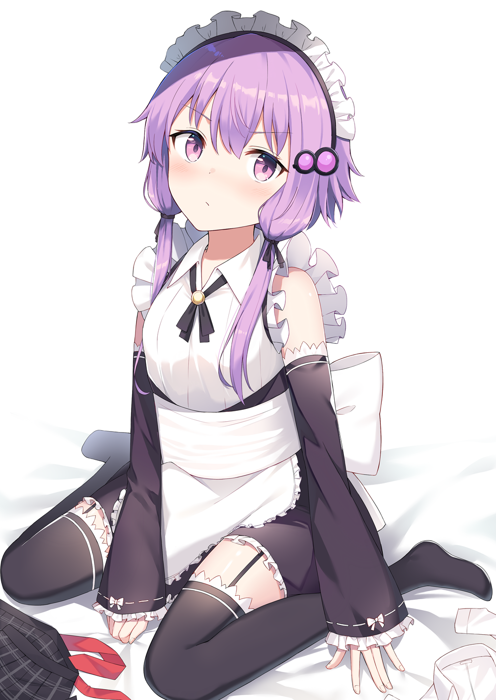 1girl apron bangs bare_shoulders bed_sheet between_legs black_legwear black_ribbon blush bow eyebrows_visible_through_hair frilled_apron frilled_sleeves frills garter_straps hair_between_eyes hair_ornament hair_ribbon hand_between_legs highres long_hair looking_at_viewer low_twintails maid maid_apron maid_headdress purple_hair ribbon ribbon-trimmed_sleeves ribbon_trim sitting sleeves_past_wrists solo thigh-highs twintails violet_eyes vocaloid voiceroid waist_apron wariza white_apron white_bow yukarite yuzuki_yukari zettai_ryouiki