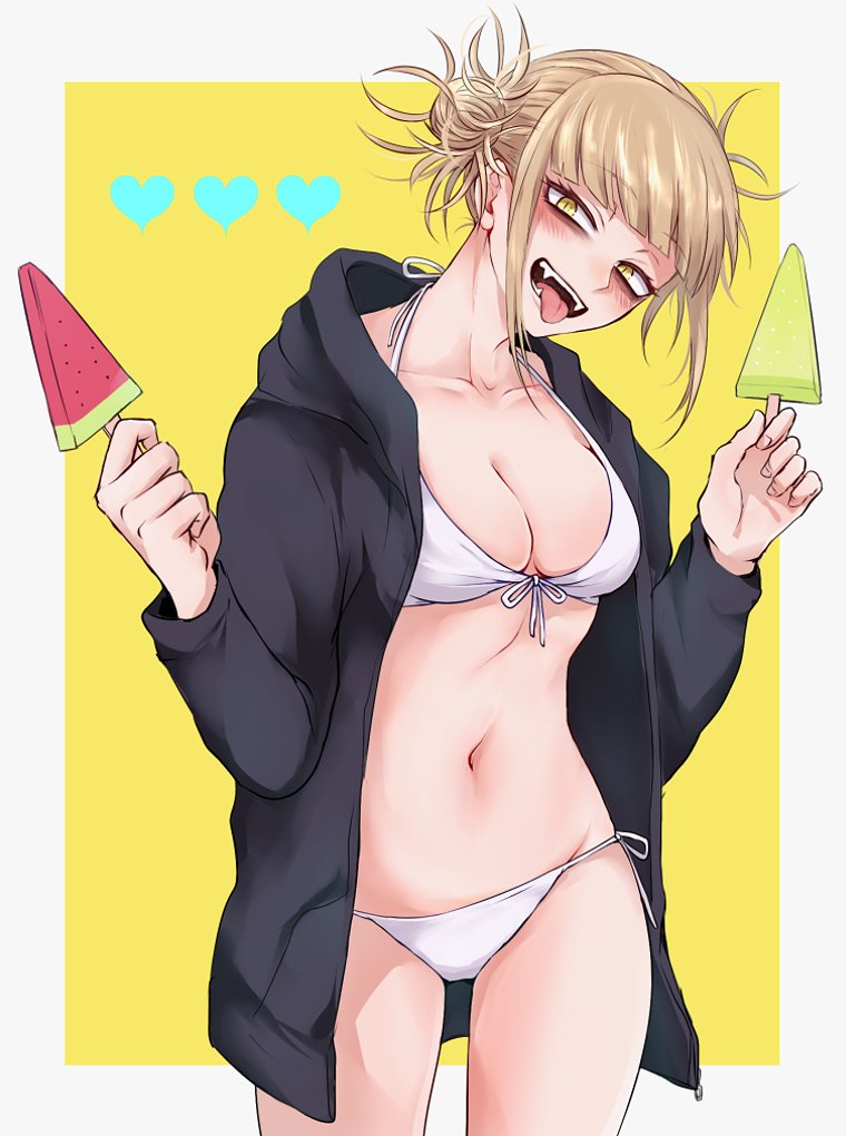 1girl :p bangs bikini blonde_hair blunt_bangs blush boku_no_hero_academia breasts cleavage drzn fangs food fruit half-closed_eyes heart hood hoodie ice_cream long_sleeves medium_breasts navel open_mouth smile solo swimsuit toga_himiko tongue tongue_out watermelon yellow_eyes