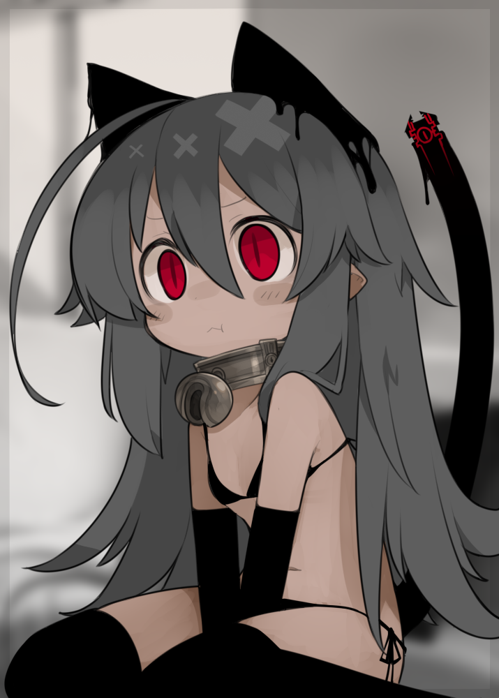 1girl ahoge animal_ears arms_between_legs bikini black_bikini black_legwear cat_ears cat_tail elbow_gloves flat_chest gloves grey_hair jewelry kisaragi_kaya long_hair navel necklace original pointy_ears pout red_eyes side-tie_bikini sitting solo string_bikini swimsuit tail thigh-highs wariza yste