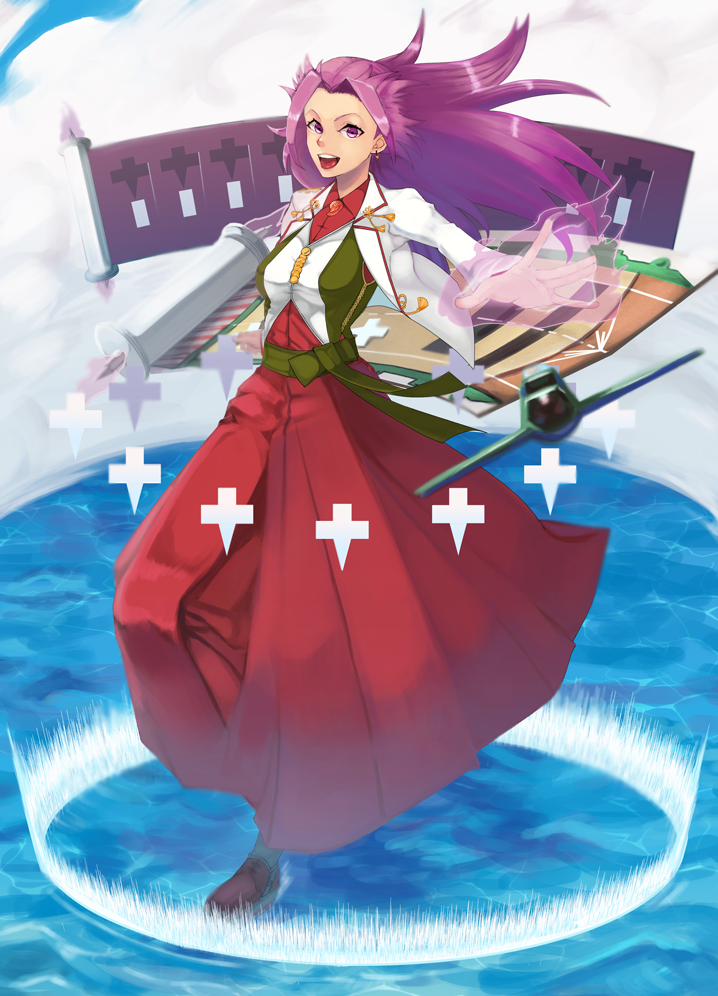 1girl :d aircraft airplane blouse boots commentary_request dress_shirt earrings flight_deck hakama jacket japanese_clothes jewelry jun'you_(kantai_collection) kantai_collection long_hair long_skirt magatama ocean onmyouji open_mouth purple_hair scroll shikigami shirt skirt smile solo spiky_hair standing standing_on_liquid stripedowl296 violet_eyes
