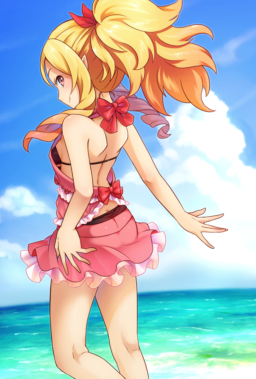 1girl abiko_yuuji bare_arms bare_shoulders bikini bikini_skirt black_bikini blonde_hair blue_sky butt_crack closed_mouth clouds day drill_hair eromanga_sensei hair_ribbon highres kneepits long_hair ocean outdoors pink_eyes pointy_ears ponytail red_ribbon ribbon sideways_mouth sky smile solo swimsuit water yamada_elf