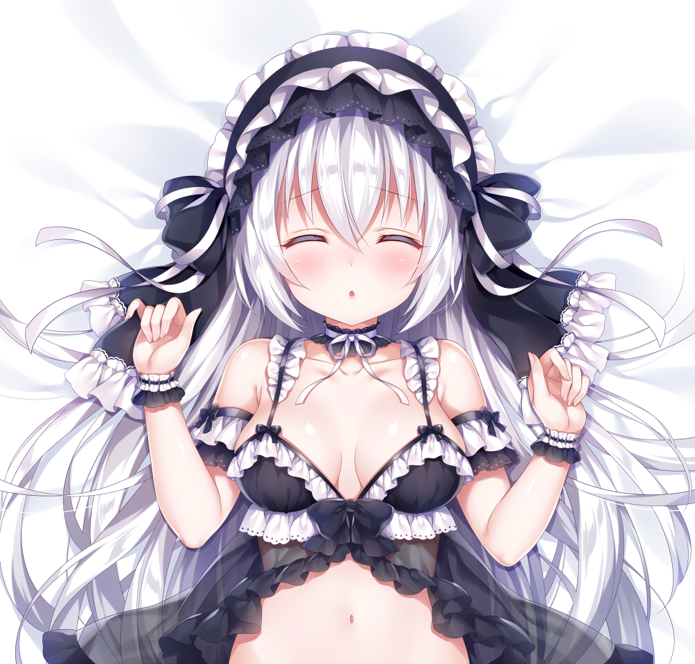 1girl :o babydoll bangs blush breasts closed_eyes detached_collar eyebrows_visible_through_hair gothic_lolita lolita_fashion long_hair lying medium_breasts mitsuba_choco navel on_back open_mouth original parted_lips silver_hair solo