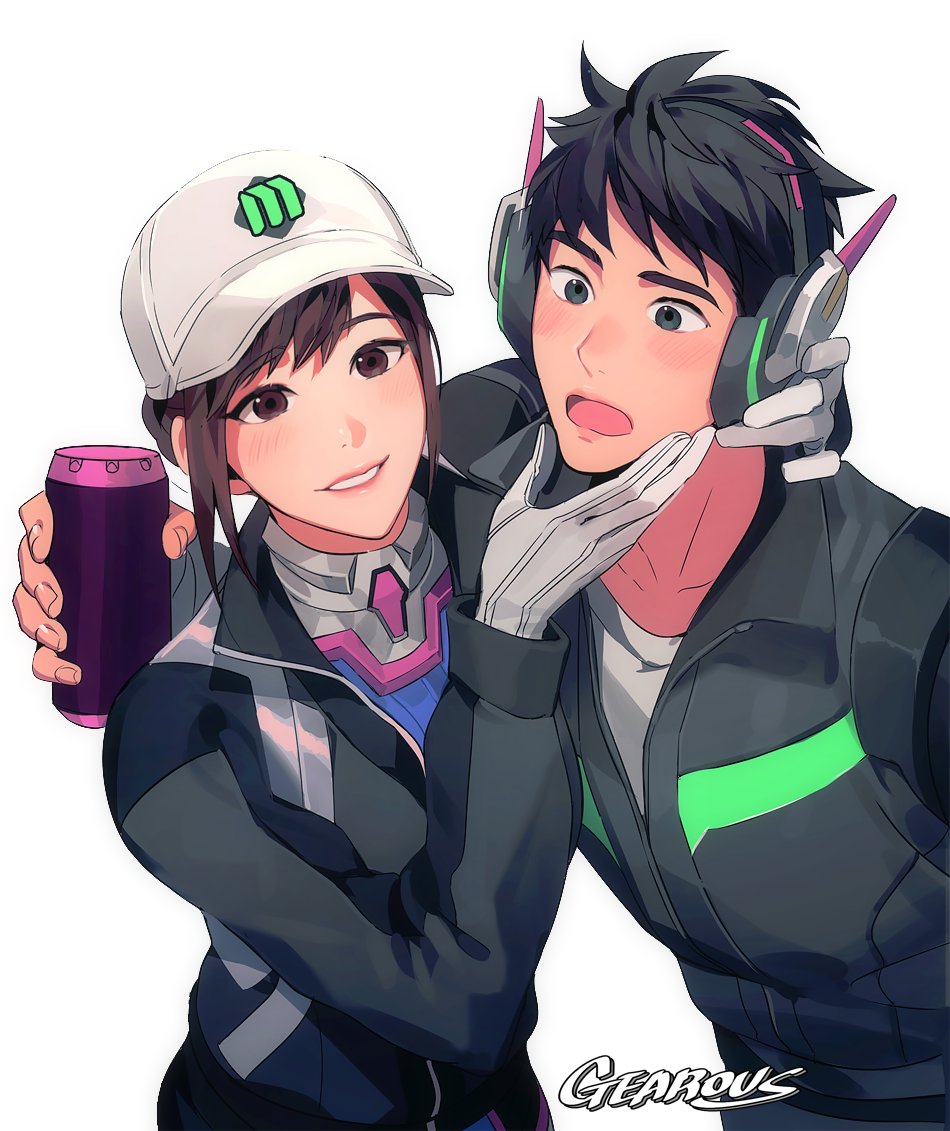 1boy 1girl baseball_cap black_eyes black_hair bodysuit brown_eyes brown_hair d.va_(overwatch) dae-hyun gearous gloves hand_on_another's_chin hat headphones jacket looking_at_another looking_at_viewer open_mouth overwatch parted_lips signature simple_background smile white_background white_hat