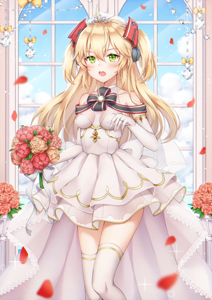 1girl admiral_hipper_(azur_lane) azur_lane bangs bare_shoulders blonde_hair blue_sky blurry blurry_foreground blush bouquet brown_flower brown_rose clouds commentary_request day depth_of_field dress elbow_gloves eyebrows_visible_through_hair flower gloves green_eyes hair_between_eyes headgear highres holding holding_bouquet indoors jewelry long_hair open_mouth petals pleated_dress pong_(vndn124) red_flower red_rose ring rose rose_petals round_teeth see-through sky solo sparkle standing standing_on_one_leg strapless strapless_dress tears teeth thigh-highs tiara two_side_up upper_teeth veil wedding_band wedding_dress white_dress white_gloves white_legwear window