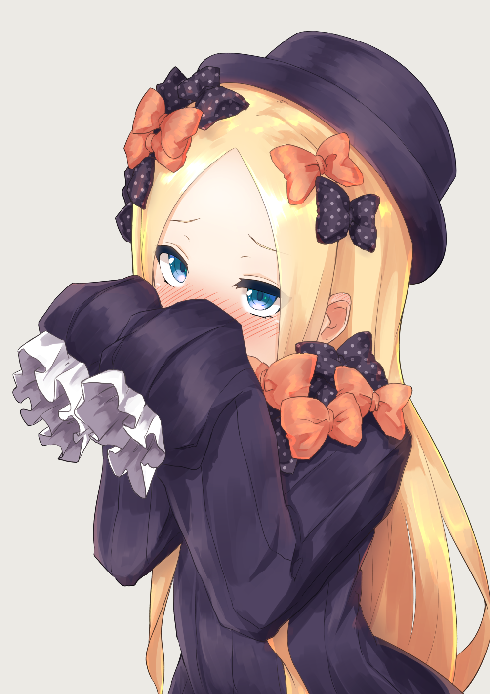 1girl abigail_williams_(fate/grand_order) bangs black_bow black_dress black_hat blonde_hair blue_eyes blush bow covered_mouth dress ear_blush eyebrows_visible_through_hair fate/grand_order fate_(series) forehead grey_background hair_bow hands_up hat highres long_hair long_sleeves looking_at_viewer nenosame nose_blush orange_bow parted_bangs polka_dot polka_dot_bow simple_background sleeves_past_fingers sleeves_past_wrists solo upper_body very_long_hair