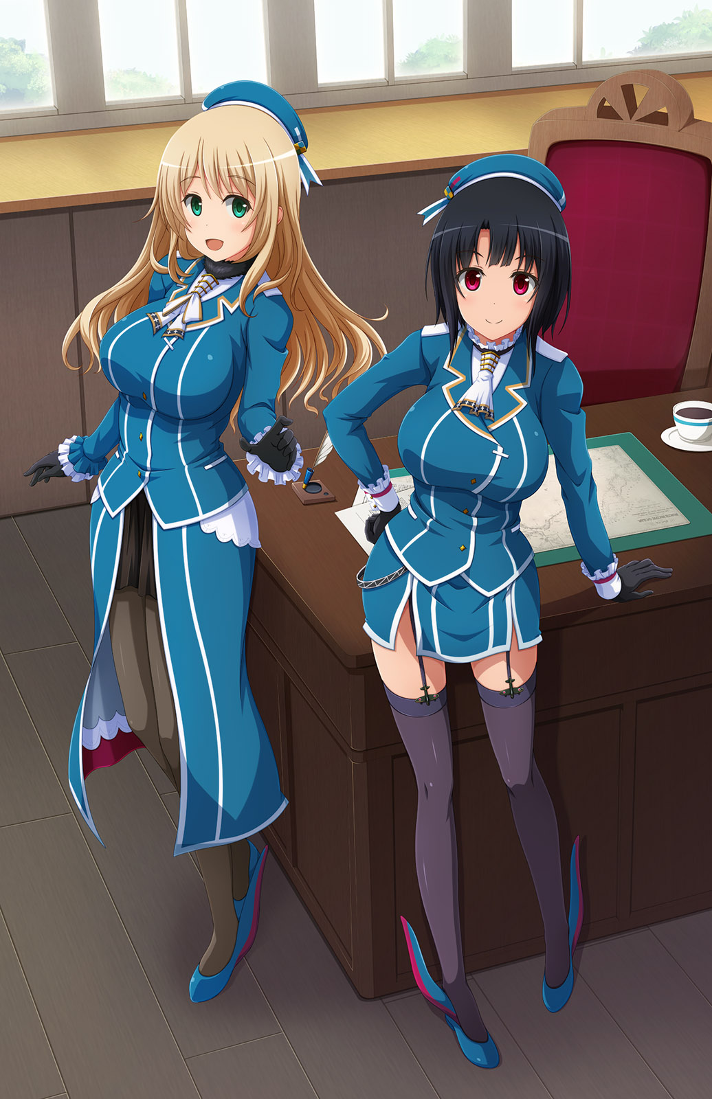 2girls :d aqua_eyes ascot atago_(kantai_collection) beret black_gloves black_hair black_legwear black_skirt blonde_hair blue_skirt breasts buttons closed_mouth cup day desk downscaled eyebrows_visible_through_hair frilled_gloves frills full_body garter_straps gloves hat highres indoors kantai_collection large_breasts long_hair long_sleeves looking_at_viewer military military_uniform multiple_girls open_mouth pantyhose pen pleated_skirt pointing pointing_at_viewer red_eyes resized saucer shira-nyoro shoes short_hair skirt smile standing takao_(kantai_collection) thigh-highs uniform window