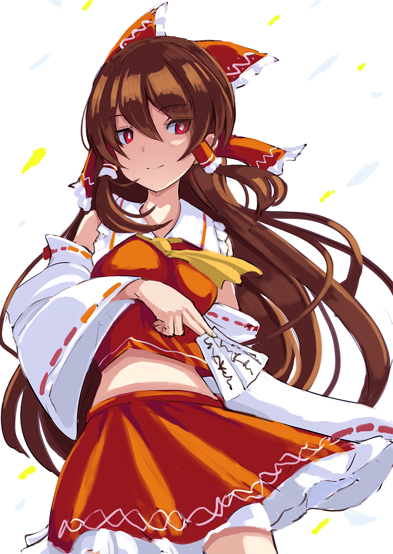1girl ascot bangs between_fingers bow breasts brown_hair commentary_request cowboy_shot detached_sleeves eyebrows_visible_through_hair frilled_shirt_collar frills hair_between_eyes hair_bow hair_tubes hakurei_reimu holding long_hair long_sleeves looking_at_viewer medium_breasts midriff ofuda opanchu_(hakusen) petticoat red_bow red_eyes red_skirt ribbon-trimmed_sleeves ribbon_trim sidelocks simple_background skirt smile solo standing touhou very_long_hair white_background wide_sleeves yellow_neckwear