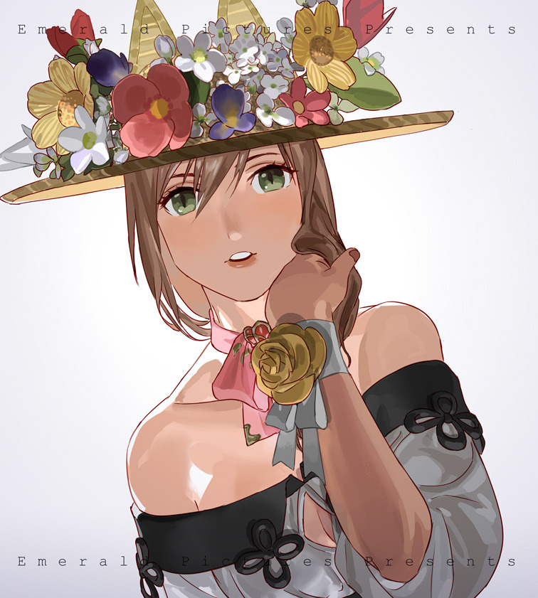 1girl animal_ears bare_shoulders black_hair breasts cat_ears cleavage ears_through_headwear final_fantasy final_fantasy_xiv fingernails flower green_eyes grey_background hair_between_eyes hand_up hat hat_flower holy_pumpkin lips looking_at_viewer miqo'te off_shoulder parted_lips purple_flower red_flower rose simple_background slit_pupils smile solo upper_body white_flower wristband yellow_flower yellow_rose