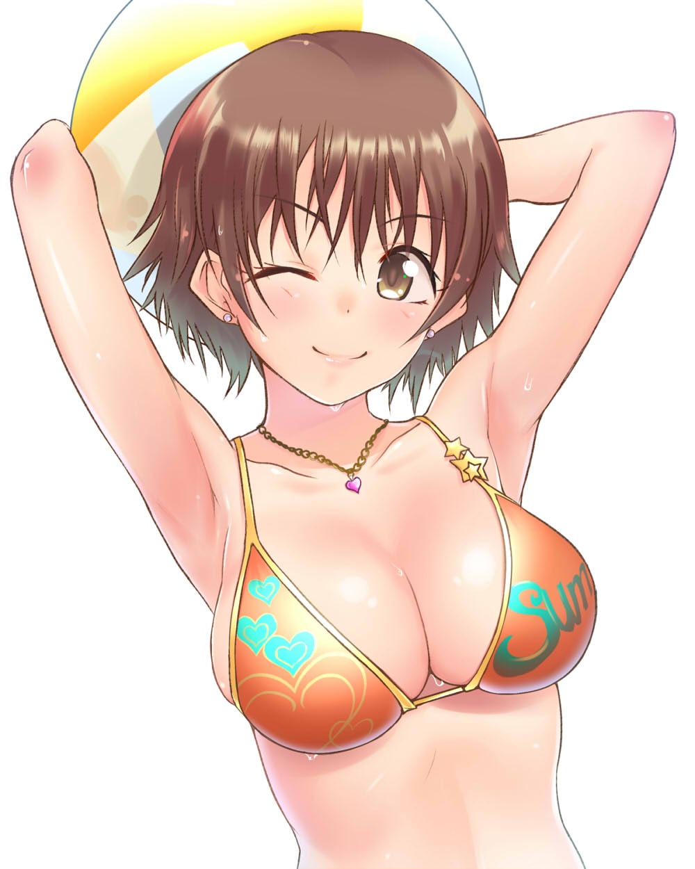 1girl ;d armpits ball beachball breasts brown_eyes brown_hair cleavage collarbone earrings eyebrows_visible_through_hair hair_between_eyes heart heart_necklace highres holding holding_ball honda_mio idolmaster idolmaster_cinderella_girls jewelry large_breasts looking_at_viewer one_eye_closed open_mouth orange_bikini_top print_bikini_top shiny shiny_hair shirota_mizuki short_hair sideboob simple_background smile solo swimsuit upper_body wet white_background