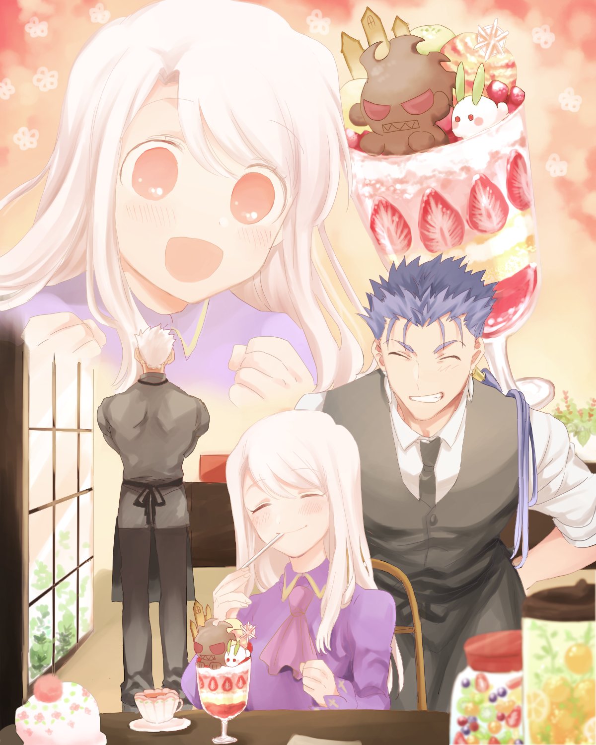 1girl 2boys :d apron archer ascot black_neckwear black_vest blue_hair blush closed_eyes collared_dress collared_shirt commentary_request cu_chulainn_(fate)_(all) day dress earrings emiya-san_chi_no_kyou_no_gohan fate/kaleid_liner_prisma_illya fate/stay_night fate_(series) food fruit grin happy highres illyasviel_von_einzbern indoors inset jewelry lancer leaning_forward long_hair multiple_boys necktie open_mouth pink_neckwear ponytail purple_dress red_eyes shirt smile strawberry takashi_(onikukku) vest white_hair white_shirt window wing_collar
