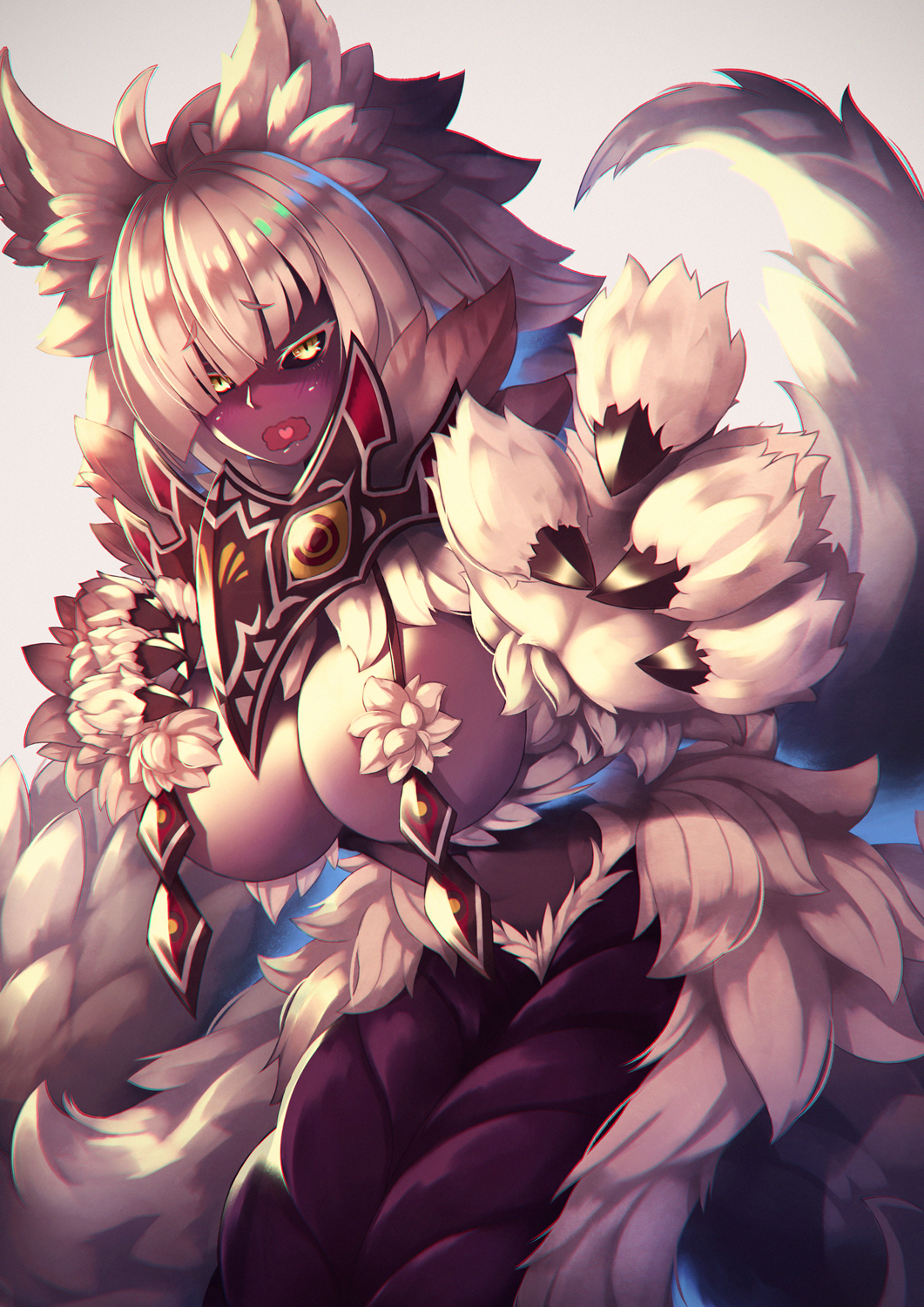 1girl 307_(aho307) ahoge animal_ears bangs black_sclera blonde_hair blunt_bangs blush breasts bunyip_(monster_girl_encyclopedia) claws commentary_request dark_skin eyebrows_visible_through_hair fur heart heart_in_mouth highres huge_breasts lamia looking_at_viewer monster_girl monster_girl_encyclopedia paws simple_background solo wavy_mouth white_fur