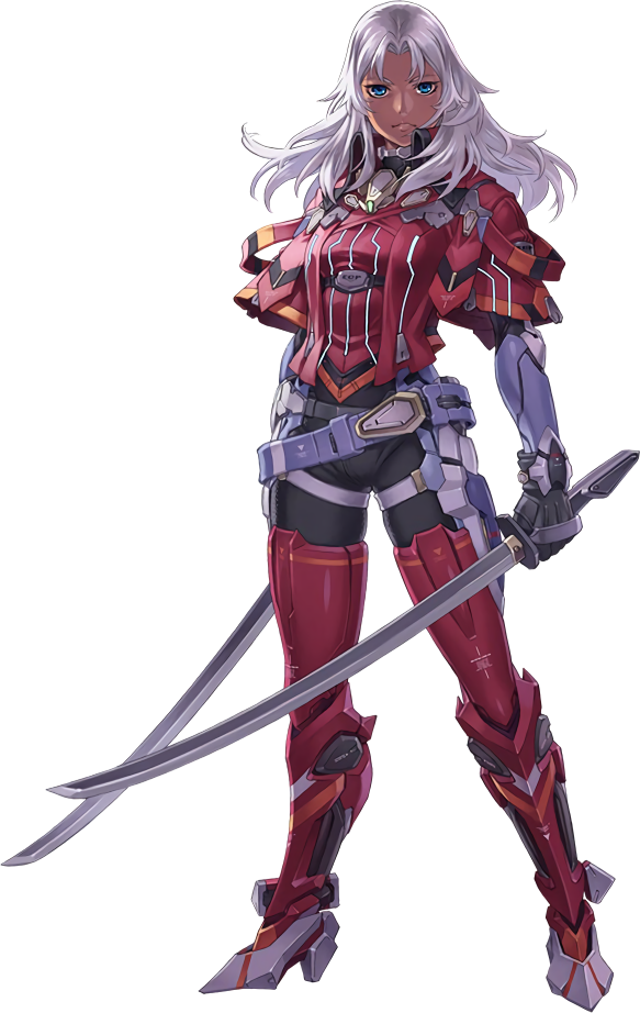 1girl armor belt blue_eyes boots dark_skin dual_wielding elma_(xenoblade_x) gloves holding long_hair looking_at_viewer official_art solo sword tanaka_kunihiko thigh-highs thigh_boots weapon white_hair xenoblade_(series) xenoblade_2 xenoblade_chronicles_x