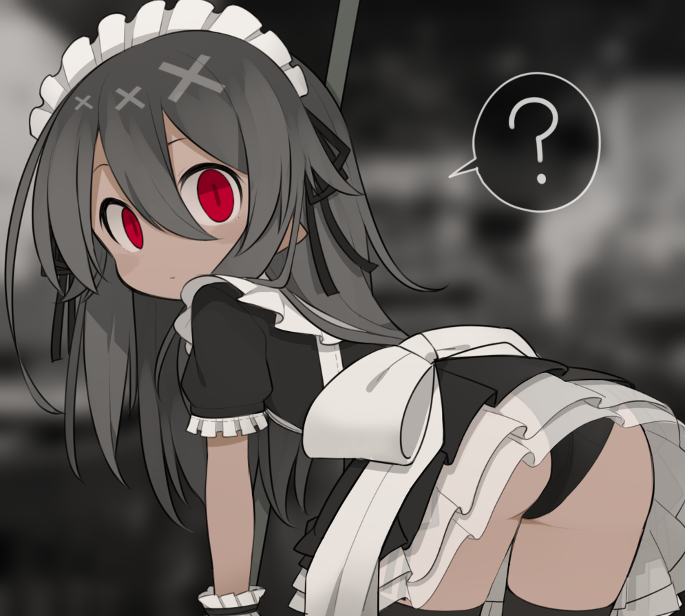 1girl ? apron ass bent_over black_legwear black_panties dress from_behind grey_hair hair_ribbon kisaragi_kaya long_hair looking_at_viewer looking_back maid maid_headdress original panties pointy_ears red_eyes ribbon short_sleeves solo spoken_question_mark thigh-highs underwear yste