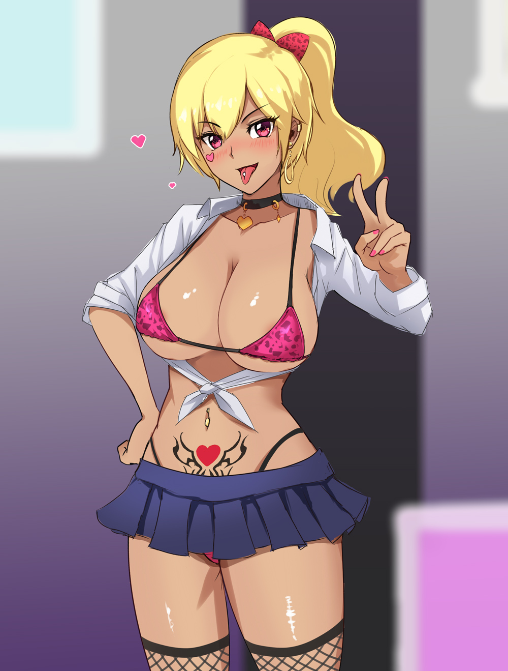 1girl :d bikini black_choker blonde_hair blue_skirt bow breasts choker cleavage cowboy_shot earrings fishnet_legwear fishnets front-tie_top gyaru hair_bow hand_on_hip heart heart_choker highleg highleg_bikini highres hoop_earrings jewelry kogal large_breasts long_hair looking_at_viewer microskirt midriff nail_polish navel_piercing navy_blue_skirt naxu open_mouth original piercing pink_bikini pink_eyes pink_nails pleated_skirt ponytail pubic_tattoo red_bow skirt smile swimsuit tan tattoo thigh-highs tongue tongue_out tongue_piercing v