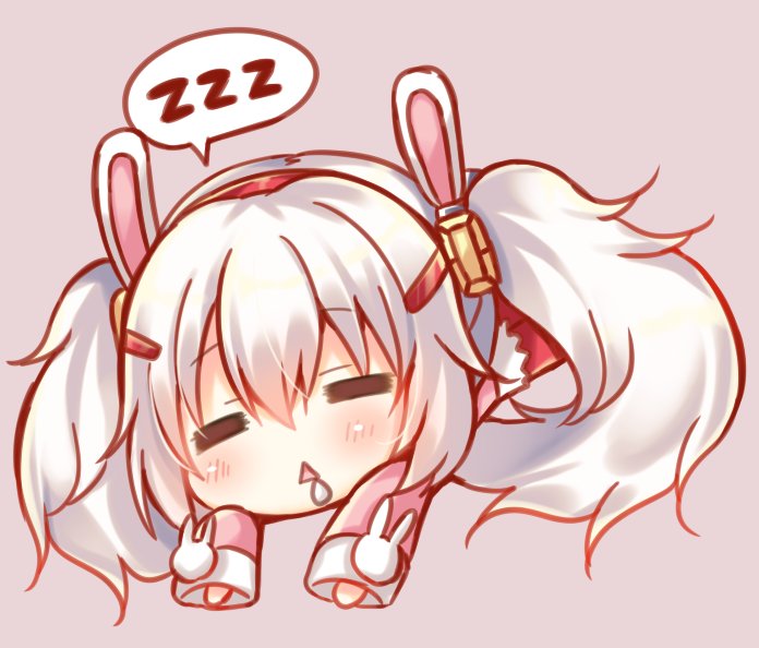 1girl =_= animal_ears azur_lane blush chibi commentary_request facing_viewer grey_hair laffey_(azur_lane) long_hair long_sleeves lying on_stomach parted_lips pink_background rabbit_ears simple_background sleeves_past_wrists solo speech_bubble suzune_rena triangle_mouth twintails zzz