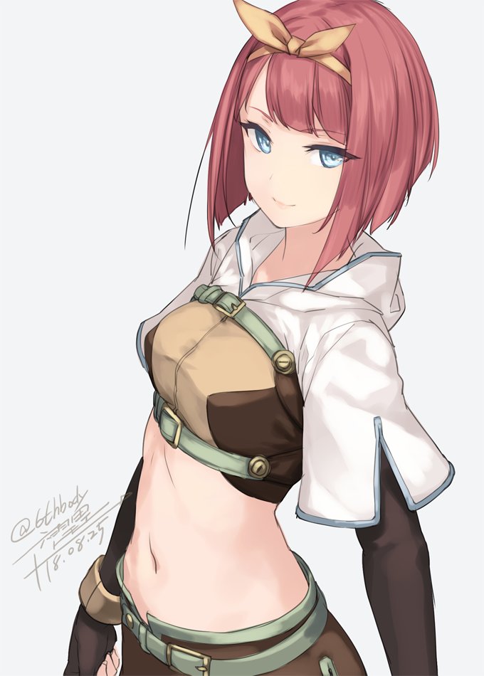 1girl alternate_costume ark_royal_(kantai_collection) artist_name belt belt_buckle black_gloves blue_eyes breasts buckle dated elbow_gloves fingerless_gloves gloves green_belt grey_background hairband hunter_(ragnarok_online) kantai_collection medium_breasts midriff navel ragnarok_online redhead rokuwata_tomoe short_hair simple_background smile solo tsurime twitter_username yellow_hairband