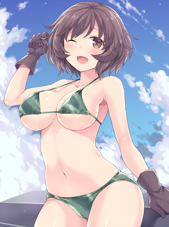 1girl ;d akiyama_yukari bangs bare_shoulders bikini blush breasts brown_eyes brown_gloves brown_hair camouflage camouflage_bikini cleavage clouds collarbone cowboy_shot girls_und_panzer gloves green_bikini hasu_(hk_works) large_breasts messy_hair navel one_eye_closed open_mouth shiny shiny_hair short_hair sky smile solo strap_gap string_bikini swimsuit under_boob