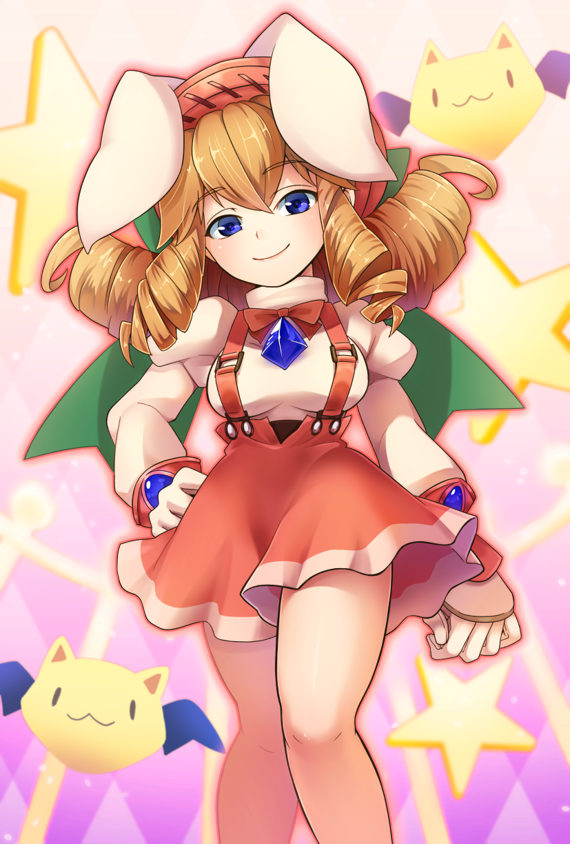 1girl abiko_yuuji animal_ears bangs blonde_hair blue_eyes bow bowtie breasts closed_mouth dewprism drill_hair eyebrows_visible_through_hair fancy_mel hat high-waist_skirt highres juliet_sleeves long_hair long_sleeves looking_at_viewer medium_breasts pink_hat puffy_sleeves rabbit_ears red_bow red_neckwear red_skirt shirt skirt smile solo star suspender_skirt suspenders turtleneck white_shirt