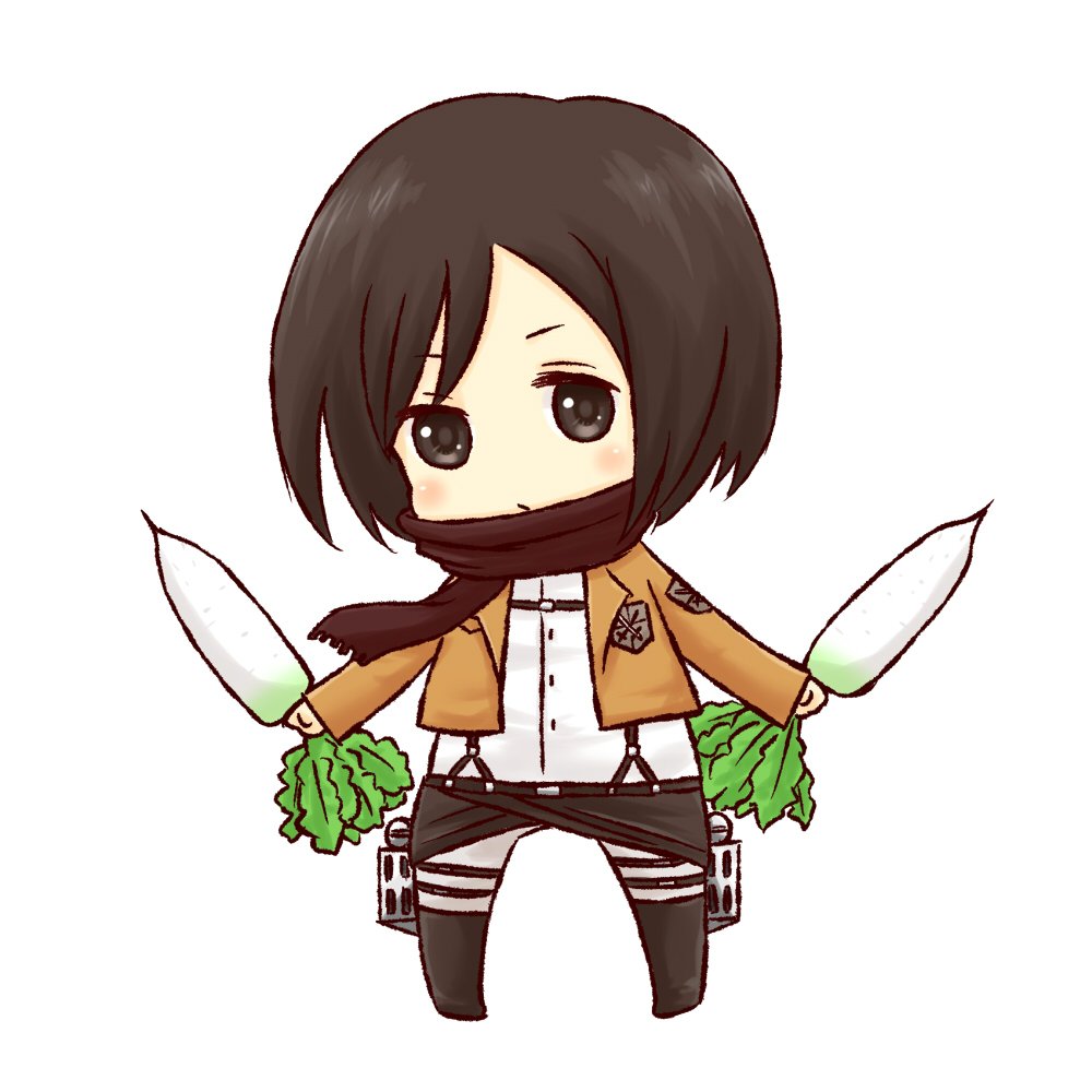 1girl batta_(ijigen_debris) black_eyes black_hair black_pants blush brown_jacket brown_scarf chibi commentary_request full_body jacket long_sleeves looking_at_viewer mikasa_ackerman open_clothes open_jacket pants scarf shingeki_no_kyojin shirt short_hair simple_background solo standing three-dimensional_maneuver_gear turnip white_background white_shirt