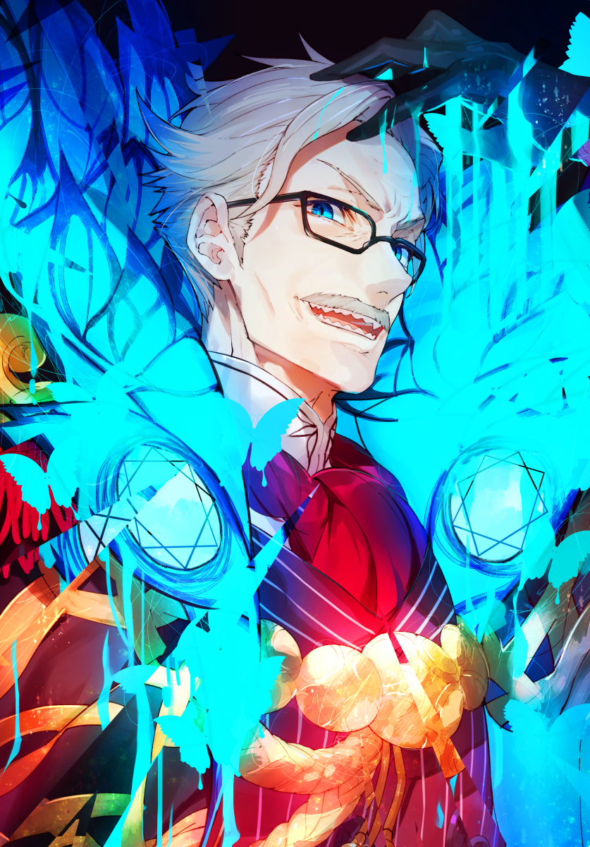 1boy black-framed_eyewear blue_background blue_eyes colorful commentary_request facial_hair fate/grand_order fate_(series) glasses grey_hair highres jacket james_moriarty_(fate/grand_order) looking_at_viewer male_focus mika_pikazo mustache old_man red_jacket sharp_teeth smile solo teeth upper_body