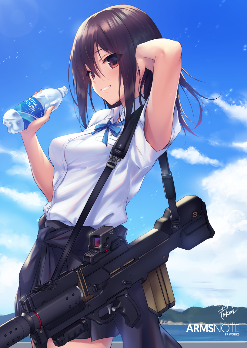 1girl arm_up arms_note bangs bionic_joshikousei_(fukai_ryousuke) blush bottle breasts brown_eyes brown_hair clouds commentary_request copyright_name dress_shirt fukai_ryousuke grin gun hair_between_eyes hand_on_own_head holding holding_bottle looking_at_viewer medium_breasts ocean outdoors shirt short_sleeves sidelocks signature skirt sky smile solo standing water_bottle weapon white_shirt