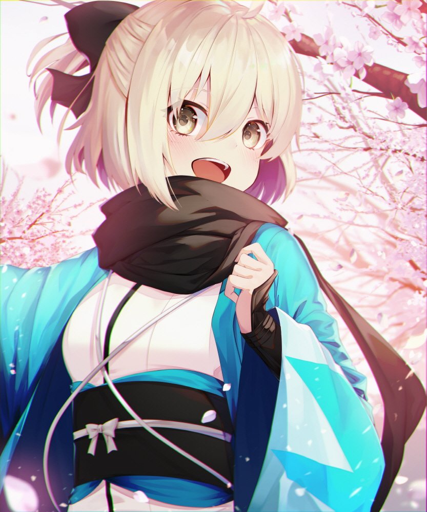 1girl :d ahoge black_bow black_scarf blonde_hair bow bracer cherry_blossoms commentary_request fate/grand_order fate_(series) hair_between_eyes hair_bow haori japanese_clothes koha-ace long_sleeves okita_souji_(fate) okita_souji_(fate)_(all) open_mouth scarf smile solo soya_(torga) tree upper_body wide_sleeves yellow_eyes