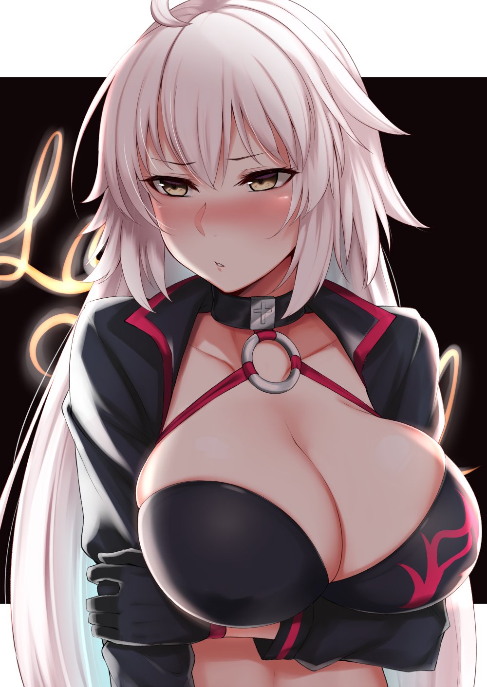 1girl ahoge bikini black_background black_bikini black_gloves black_jacket breasts choker cleavage commentary_request eyebrows_visible_through_hair fate/grand_order fate_(series) gloves hair_between_eyes highres jacket jeanne_d'arc_(alter_swimsuit_berserker) jeanne_d'arc_(fate)_(all) kusahagane large_breasts long_hair looking_at_viewer o-ring parted_lips solo swimsuit upper_body yellow_eyes